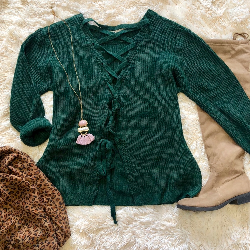 Evergreen lace up back sweater